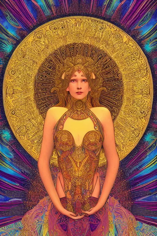 Prompt: beautiful goddess of space and dreams, mandala, coherent design, symmetrical, digital watercolor ink illustration painting, complementary color, golden ratio, detailed, sharp lines, sharp focus, intricate, rainbowshift, gustave dore, maxfield parrish, alphonse mucha, octane render