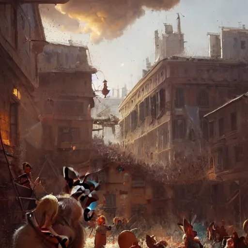 Image similar to a highly detailed oil painting of a giant rabbit smashing houses, renaissance, bystanders watching from the sides, 4 k, by greg rutkowski, artstation,