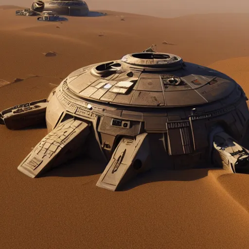 Image similar to The spaceship Millenium Falcon half-buried in sand on Tatooine, cinematic lighting, concept art, trending on artstation