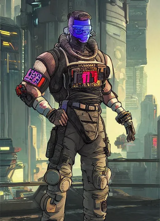 Prompt: greg. apex legends cyberpunk weight lifter. concept art by james gurney and mœbius. gorgeous face, cinematic, dramatic lighting ( cyberpunk 2 0 7 7 ), clean aesthetic
