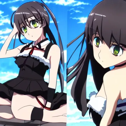 Image similar to Kyoto animation, Wit studio anime, Akame Ga Kill:: woman, black dress, scowl, rooftop party, symmetrical eyes, middle shot, romantic lighting, 2D animation