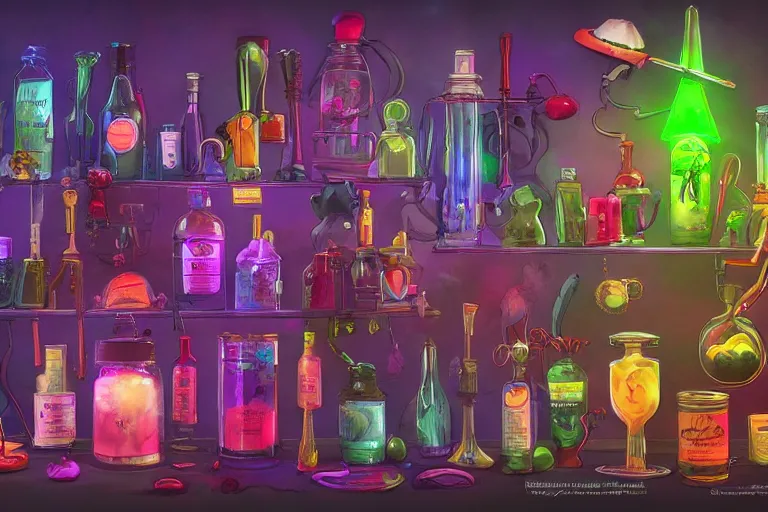 Image similar to a small rack filled with colorful glowing concoctions, magical potions, fantasy artwork, featured on artstation