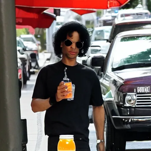 Image similar to photo of Prince drinking a 40 outside the 5 and dime