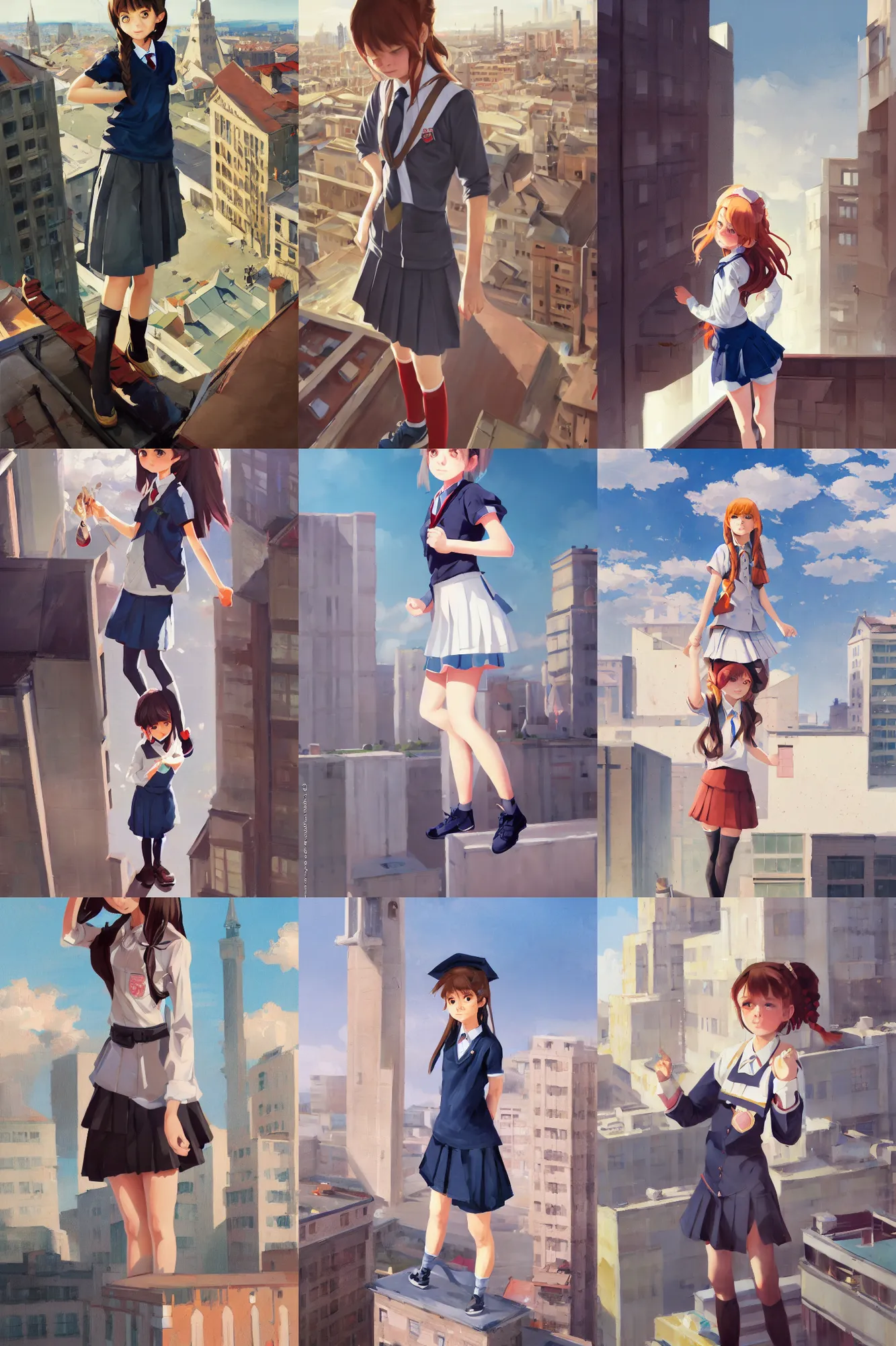 Image similar to gouache of a cute girl wearing school uniform standing on the edge of the roof of a tall building, 8 k wallpaper, strong brush stroke, very high detailed, sharp focus, illustration, morandi color scheme, art station, by krenz cushart