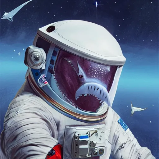 Prompt: a shark in a astronaut suit, 3d, sci-fi fantasy, intricate, elegant, highly detailed, lifelike, photorealistic, digital painting, artstation, illustration, concept art, sharp focus, art in the style of Shigenori Soejima