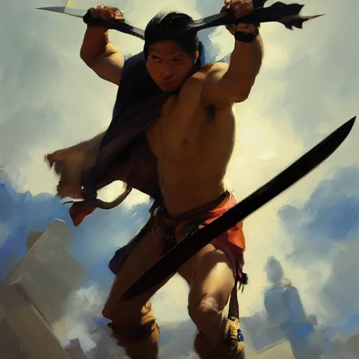 Prompt: greg manchess portrait of a filipino fighter dropping his sword, organic painting, sunny day, matte painting, bold shapes, hard edges, street art, trending on artstation, by huang guangjian, gil elvgren, ruan jia, randy vargas, greg rutkowski