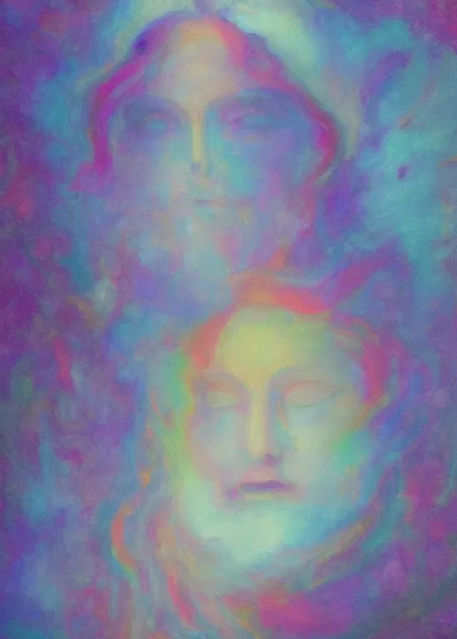 Image similar to serene deva of the golden blood mythos beloved (dreamy) gnostic fog, award winning oil painting, chromatic aberration sharp colors