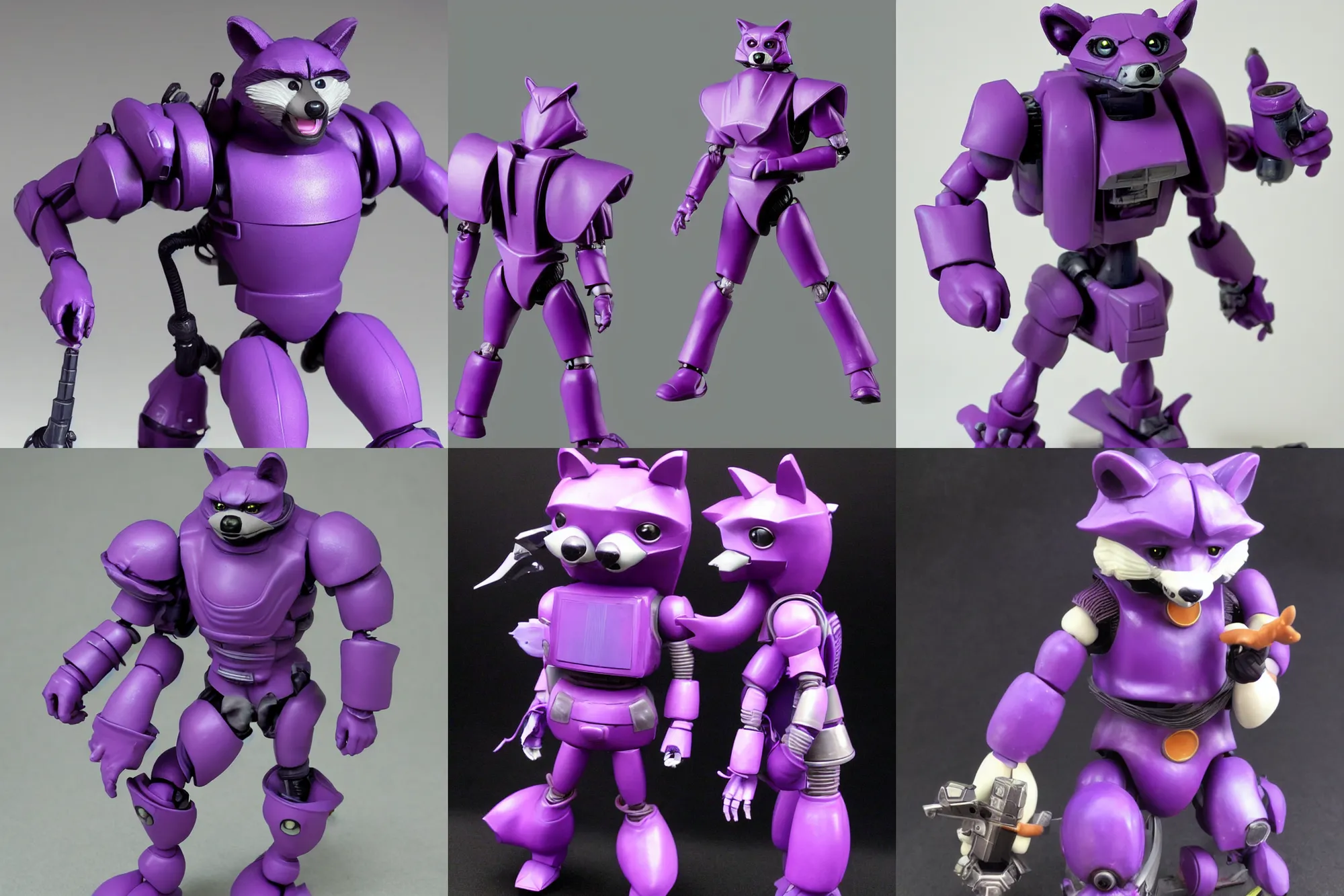 Prompt: A giant mechanized adorable purple Racoon from Final Fantasy as a 1980's Kenner style action figure, 5 points of articulation, full body, 4k, highly detailed. award winning sci-fi. look at all that detail!