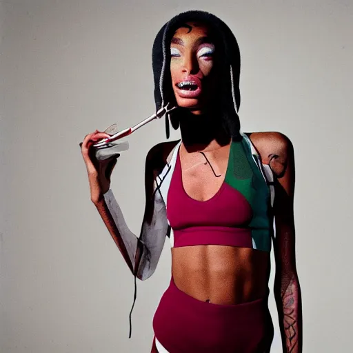 Image similar to realistic photoshooting for a new nike lookbook, vhs colour photography, portrait of model Winnie Harlow woman, in style of Tyler Mitchell, 35mm,