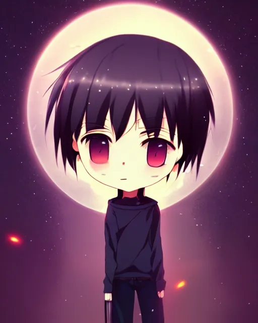 Image similar to chibi, cute, melancholy, full body, male anime character, long dark hair, stunning art style, filters applied, lunar time, night sky, trending art, sharp focus, centered, landscape shot, fate zero, simple background, studio ghiblyi, makoto shinkai, yuji yamaguchi, by wlop