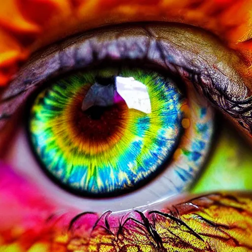 Image similar to extremely beautiful eyes, full of colors, highly detailed, macro photograph