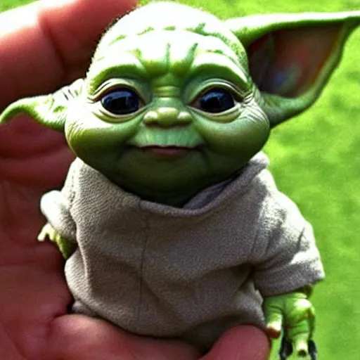 Image similar to a tiny pigmy baby yoda-Shrek hybrid in the palm of a person's hand, super cute