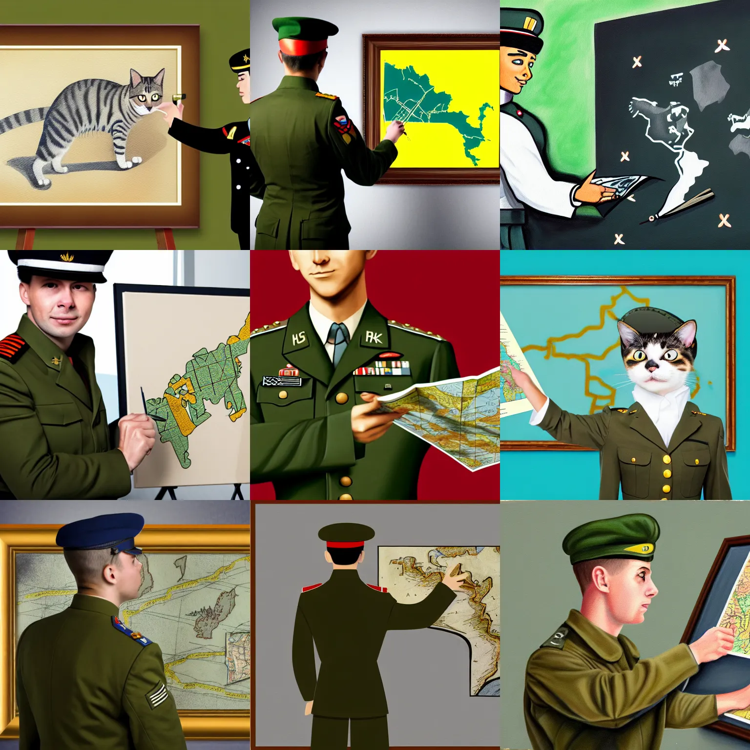 Prompt: painting of a cat in military uniform pointing at a map in a briefing 4 k