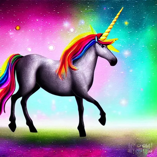 Image similar to a unicorn with fairy wings walking on the moon, colorful digital art