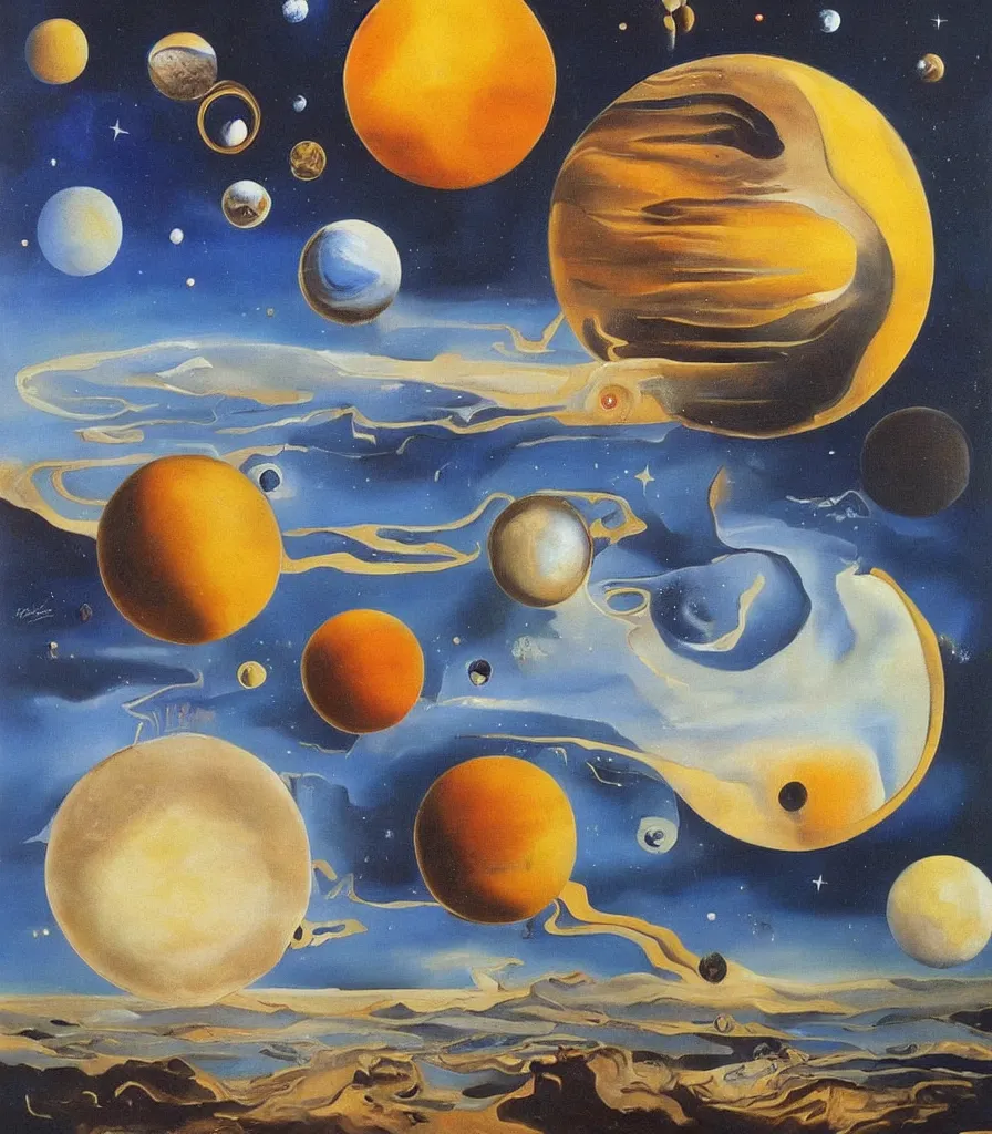 Image similar to a beautiful surrealistic painting of planets and stars in the universe by salvador dali, trending on artstation., oil painting