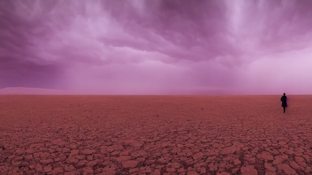 Prompt: a lone figure at the distance on soft glow pink desert with snow mountains and cloudy skies, purple fog, thunderstorms in the distance, long exposure, detailed, hyper realistic, photorealism, landscape, ultra wide angle view, peaceful, cinematic, volumetric lighting, god ray through clouds