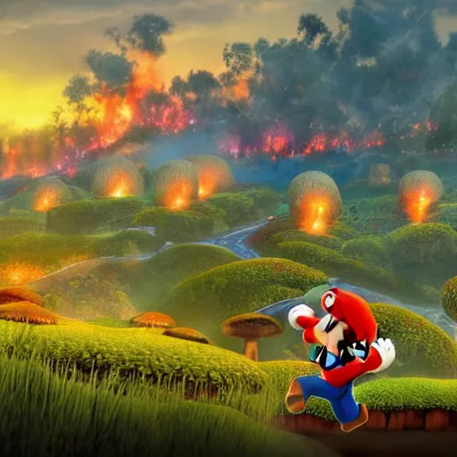 Prompt: Mario Running through a mushroom kingdom Valley, Beautiful Landscape full of exotic flora, fire flowers in the foreground, realistic, Ultra High Detail, Cinematic lighting
