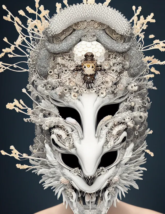 Prompt: goddess macro close - up portrait wigh crown made of ram skull. beautiful intricately detailed japanese crow kitsune mask and clasical japanese kimono. betta fish, jellyfish phoenix, bioluminiscent, plasma, ice, water, wind, creature, super intricate ornaments artwork by tooth wu and wlop and beeple and greg rutkowski