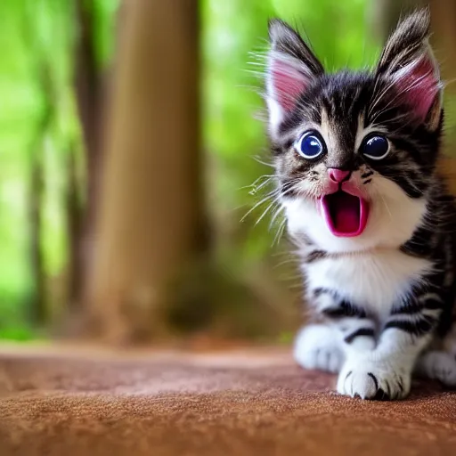 Prompt: yawning kitten in a forest, photo of the year, 5 0 mm