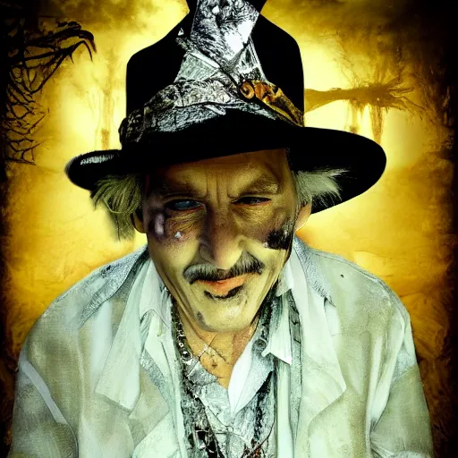 Prompt: portrait of mischievous, dangerous old Johnny Depp, smiling as a queen of fairies, dressed in a worn out silver dress. The background is a dark, creepy Middle eastern desert. night, horroristic shadows, high contrasts, lumnious, foggy effect, photorealistic, dreamlike, mist filters, theatrical, oil canvas art by Henry Meynell Rheam and Cesare Saccaggi