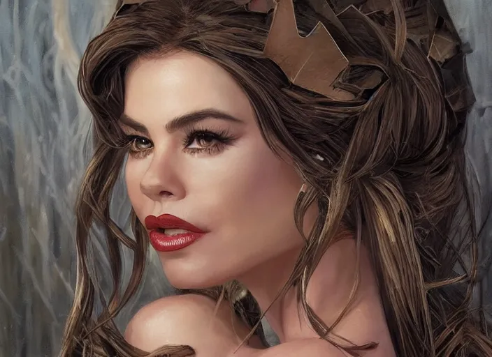 Image similar to sofia vergara as a heroine with a dress inspired by american horror story, digital painting, artstation, concept art, smooth, sharp focus, illustration, in - frame, centered, art by artgerm and donato giancola and joseph christian leyendecker, ross tran, wlop