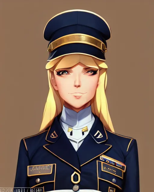 Image similar to A blonde woman in a navy blue military dress uniform, visualartzi, dieselpunk, anime, concept art by Karla Ortiz, James Paick, Charlie Bowater, Krenz Cushart, highly detailed, ultra detailed, ultra realistic, trending on artstation, cgstudio