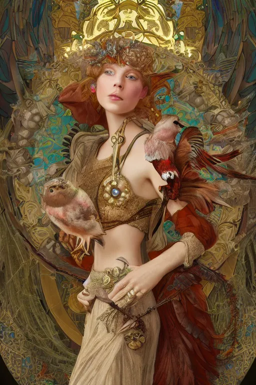 Image similar to zoom in 3 d render of english princess holding birds, ornaments, mucha vibe, dieselpunk, solarpunk, artstation, andrei riabovitchev