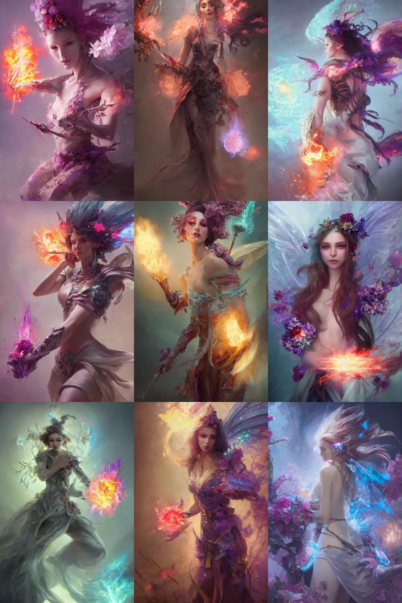 Prompt: beautiful girl necromancer, magical fairy exploding into flowers, angels, 3 d render, hyper - realistic detailed portrait, holding fire and electricity rainbow, ruan jia, wlop. scifi, fantasy, magic the gathering, hyper detailed, octane render, concept art, peter mohrbacher