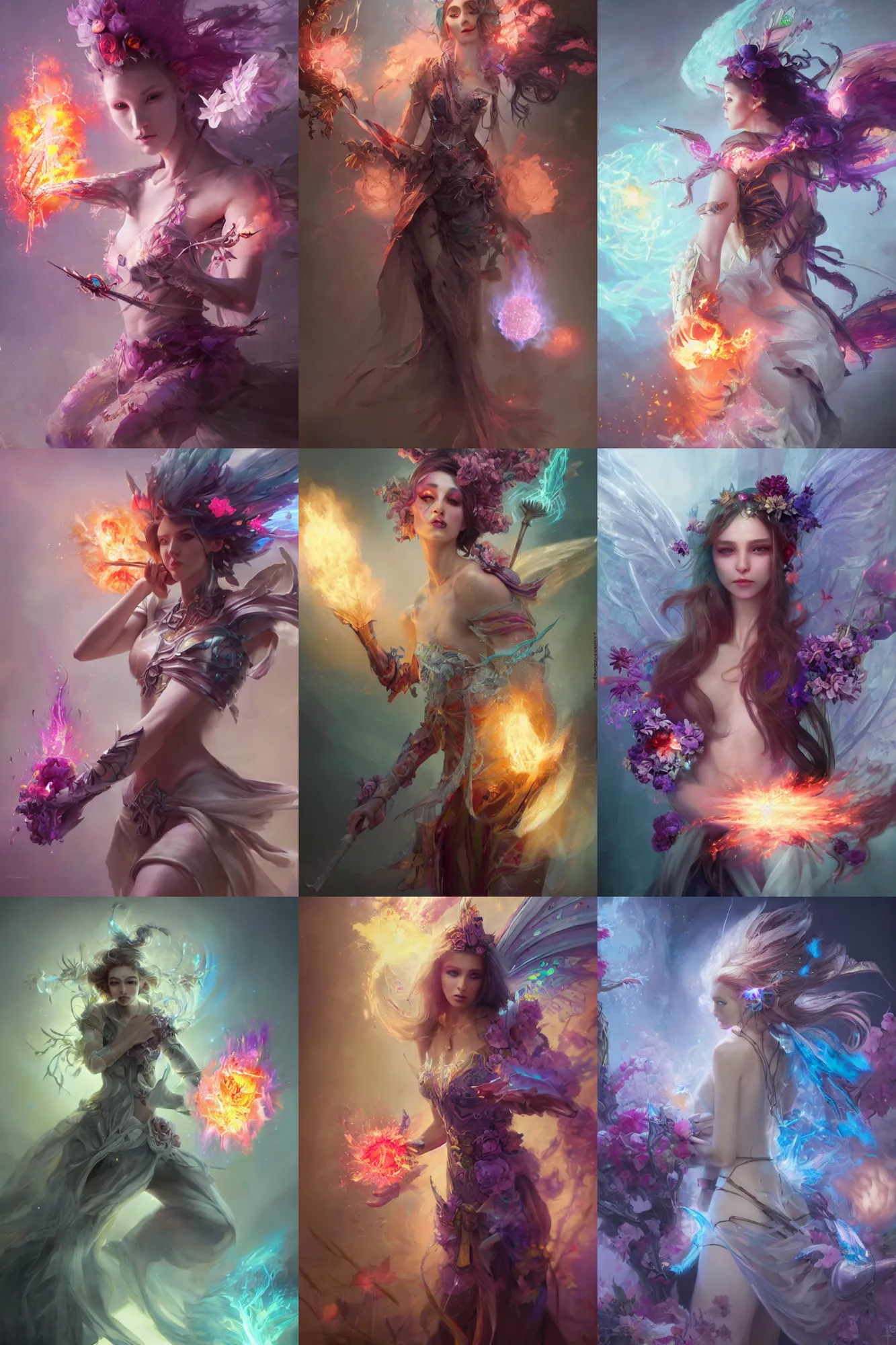 Image similar to beautiful girl necromancer, magical fairy exploding into flowers, angels, 3 d render, hyper - realistic detailed portrait, holding fire and electricity rainbow, ruan jia, wlop. scifi, fantasy, magic the gathering, hyper detailed, octane render, concept art, peter mohrbacher