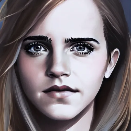 Prompt: portrait of emma watson staring at you, beautiful, long hair, eye contact, slight smile, high detail, vivid colors, navy background, artstation