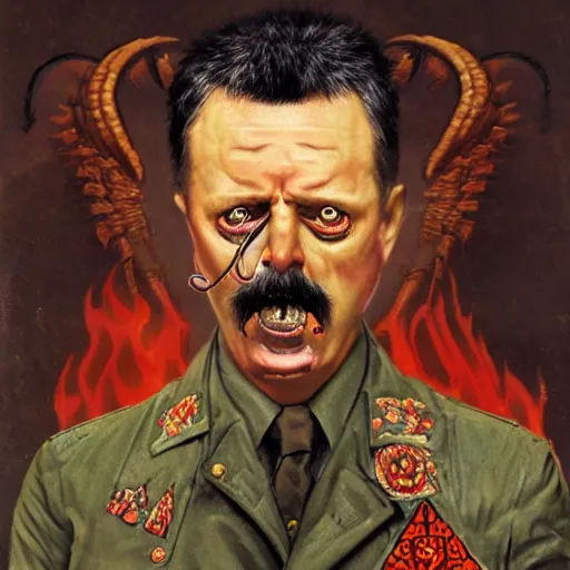 Image similar to igor ivanovich strelkov became an angry degraded satanic hellfire demonic abomination and calling for total mobilization, photo - realistic, color image, 2 k, highly detailed, bodyhorror, occult art