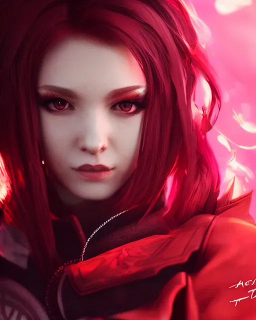 Image similar to a girl with short red hair, cool, vi from arcane, league of legends, fighter, cool red jacket, tattoo, beautiful, 3 d, potrait, art staion, studio light, closeup shot, octane render, wlop, realistic, neon