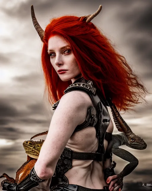 Image similar to 5 5 mm portrait photo of an armored redhead woman with goat horns and a an iguana sitting on her shoulder by luis royo. highly detailed 8 k. intricate. lifelike. soft light. nikon d 8 5 0. cinematic post - processing