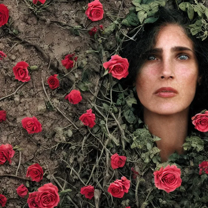 Image similar to closeup portrait of a woman with roots and roses growing out of her face, standing in a desolate apocalyptic city, by Annie Leibovitz and Steve McCurry, natural light, detailed face, CANON Eos C300, ƒ1.8, 35mm, 8K, medium-format print