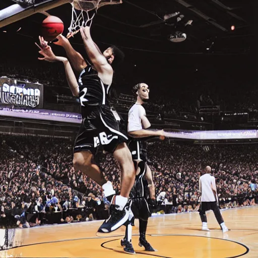 Prompt: A photograph of Venom slam dunking