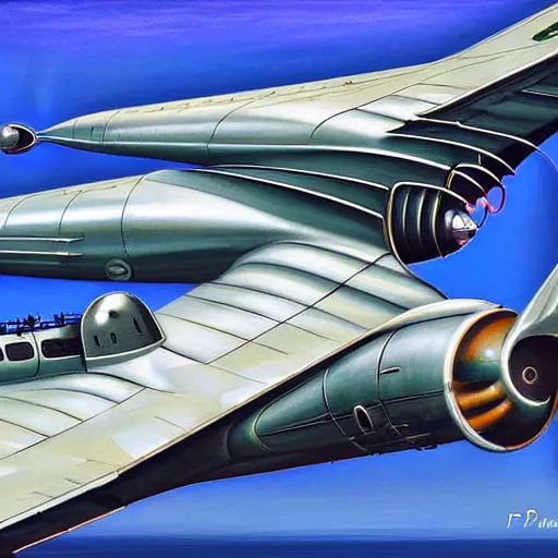 Image similar to dieselpunk, art deco, streamlined, retrofuture planes, db 7 0 airliner, ub - 1 4 b, northrop b - 3 5, giant flying warship, retrofuture planes, diesel punk, realistic and detailed painting, by paul roman martinez