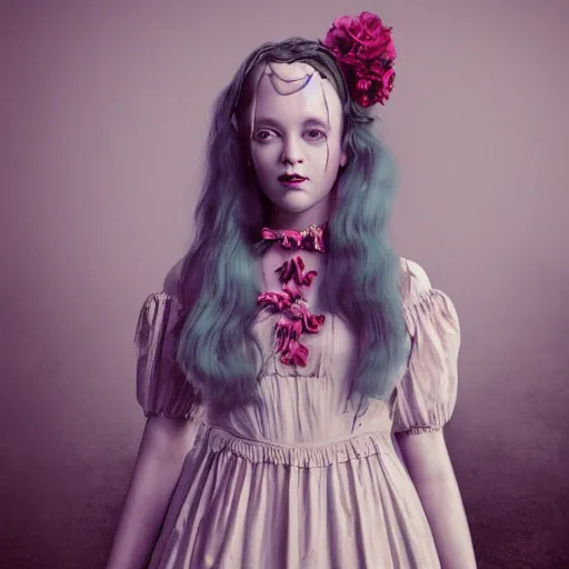 Image similar to 8 k, octane render, realism, tonalism, renaissance, rococo, baroque, cotton candy, portrait of a creepy young lady wearing long 1 9 7 0 s babydoll dress with flowers and skulls