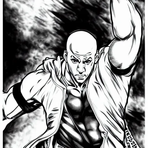 Prompt: Black and white drawing of Vin Diesel walking like a Italian model in JoJo style, highly detailed, sharp focus, anime, ArtStation, art by Hirohiko Araki