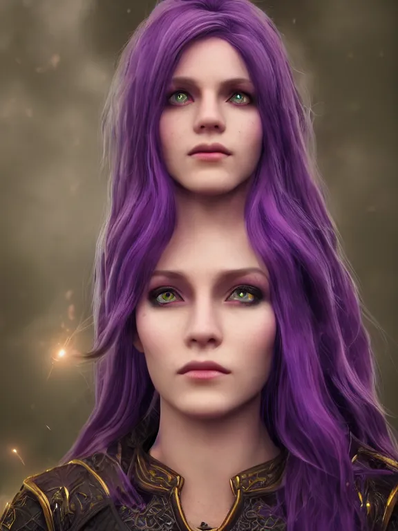 Prompt: portrait art of purple - haired 2 8 year old half - elf sorceress, magical glowing eyes, 8 k ultra realistic, lens flare, atmosphere, glow, detailed, intricate, full of colour, cinematic lighting, trending on artstation, 4 k, hyperrealistic, focused, extreme details, unreal engine 5, cinematic, masterpiece