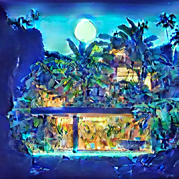 Image similar to a luminescent tropical cottage by paolo eleuteri serpieri and tomer hanuka and chesley bonestell and daniel merriam and tomokazu matsuyama, unreal engine, high resolution render, featured on artstation, octane, 8 k, highly intricate details, vivid colors, vector illustration