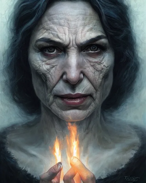 Image similar to Portrait of gal gadot as a wicked 100 year old witch, old wrinkled gal gadot by Tomasz Alen Kopera and greg rutkowski and enki bilal, glowing eyes, sad, masterpiece