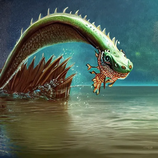 Prompt: a water dragon getting out of the ocean, digital art, fantasy art