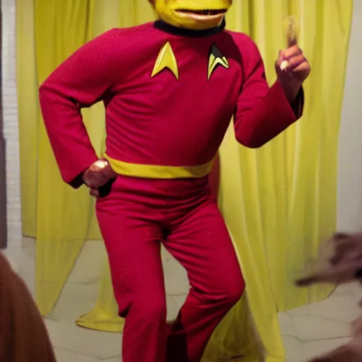 Prompt: star trek banana monsters punching red suit captain duel