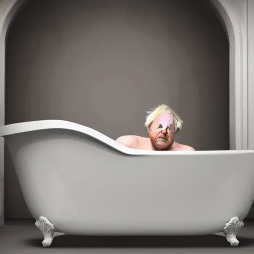 Prompt: Boris Johnson sitting inside a bathtub filled with beans, photograph