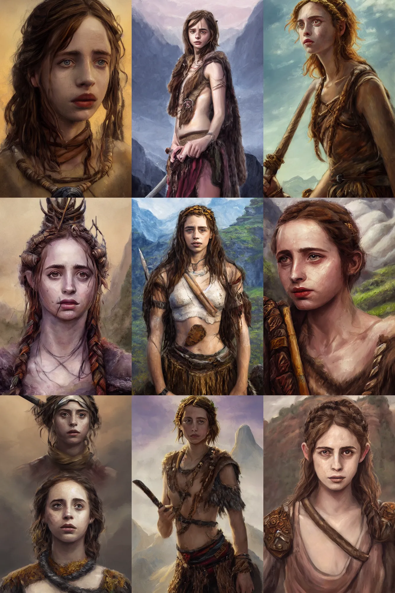 Image similar to a full body high detail fantasy portrait oil painting illustration of maya hawke as a beautiful young rugged stoic barbarian woman by justin sweet with face and body clearly visible, in a scenic background, pupils visible, realistic proportions, d & d, rpg, forgotten realms, artstation trending, high quality, sombre mood, artstation trending, muted colours, entire person visible!