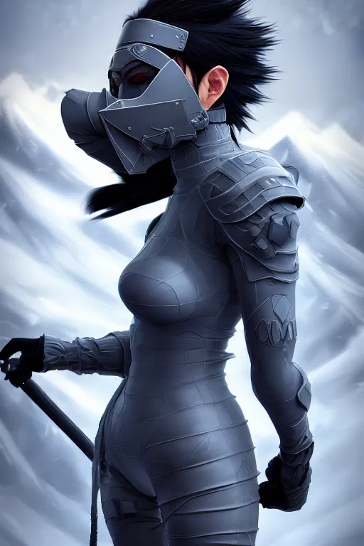 Prompt: portrait of dark grey color hair ninja gaiden kunoichi, metalic frost cyber ninja respirator, stormy snowy fuji mountain, armored, highly detailed, digital painting, artstaion, concept art, sharp focus, ultrafine hyperrealistc illustration by artgerm and mucha and beeple, unreal 5, octane render