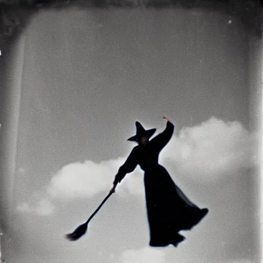 Image similar to pinhole camera photo of a witch flying on a broomstick