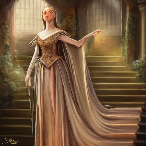 Prompt: Princess at a royal banquet, elegant dress, intricate, matte, digital painting, 8K, warm lighting, large staircase, royalty, high detail, medieval-fantasy, concept art, cinematic, beautiful face, high detailed facial features,