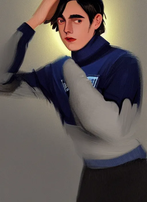 Image similar to portrait of teenage jughead jones wearing a light grey crown, crown, blue turtleneck, 1 9 5 0 s, closed eyes, photorealistic, black hair, glowing lighting, intricate, elegant, glowing lights, highly detailed, digital painting, artstation, concept art, smooth, sharp focus, illustration, art by wlop, mars ravelo and greg rutkowski