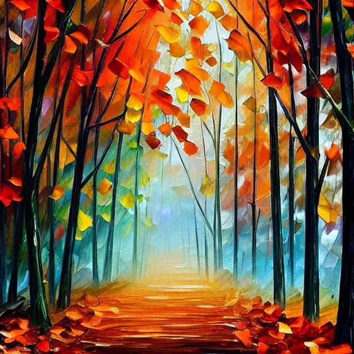 Image similar to beautiful leonid afremov and alena aenami impasto painting of a foggy forest path on a lovely autumn day. trending on artstation 8k hq